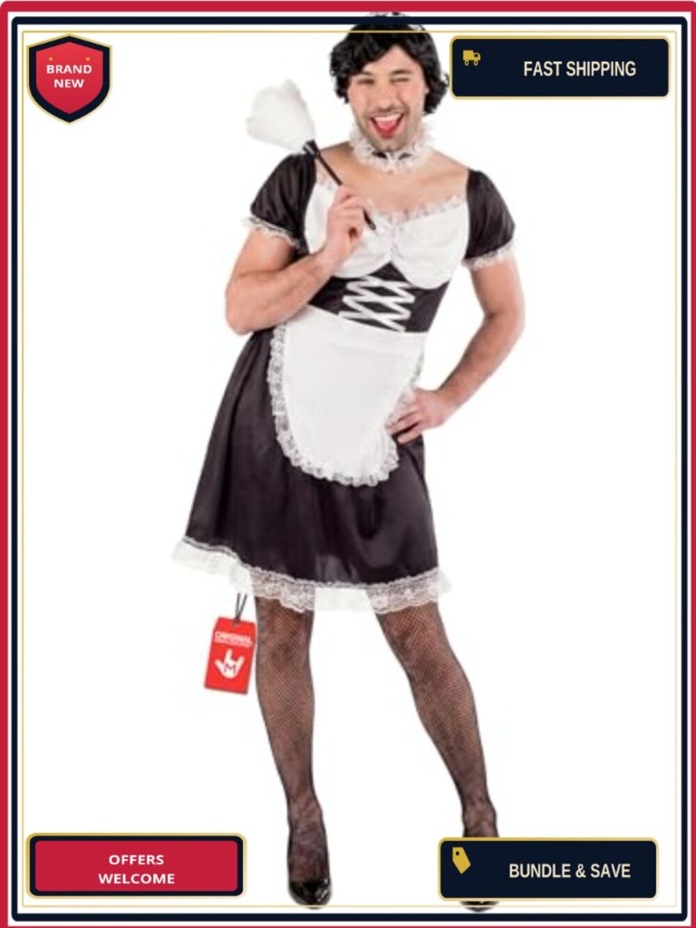 Men's French Maid Costume Lace Dress Choker Headband Tights Halloween